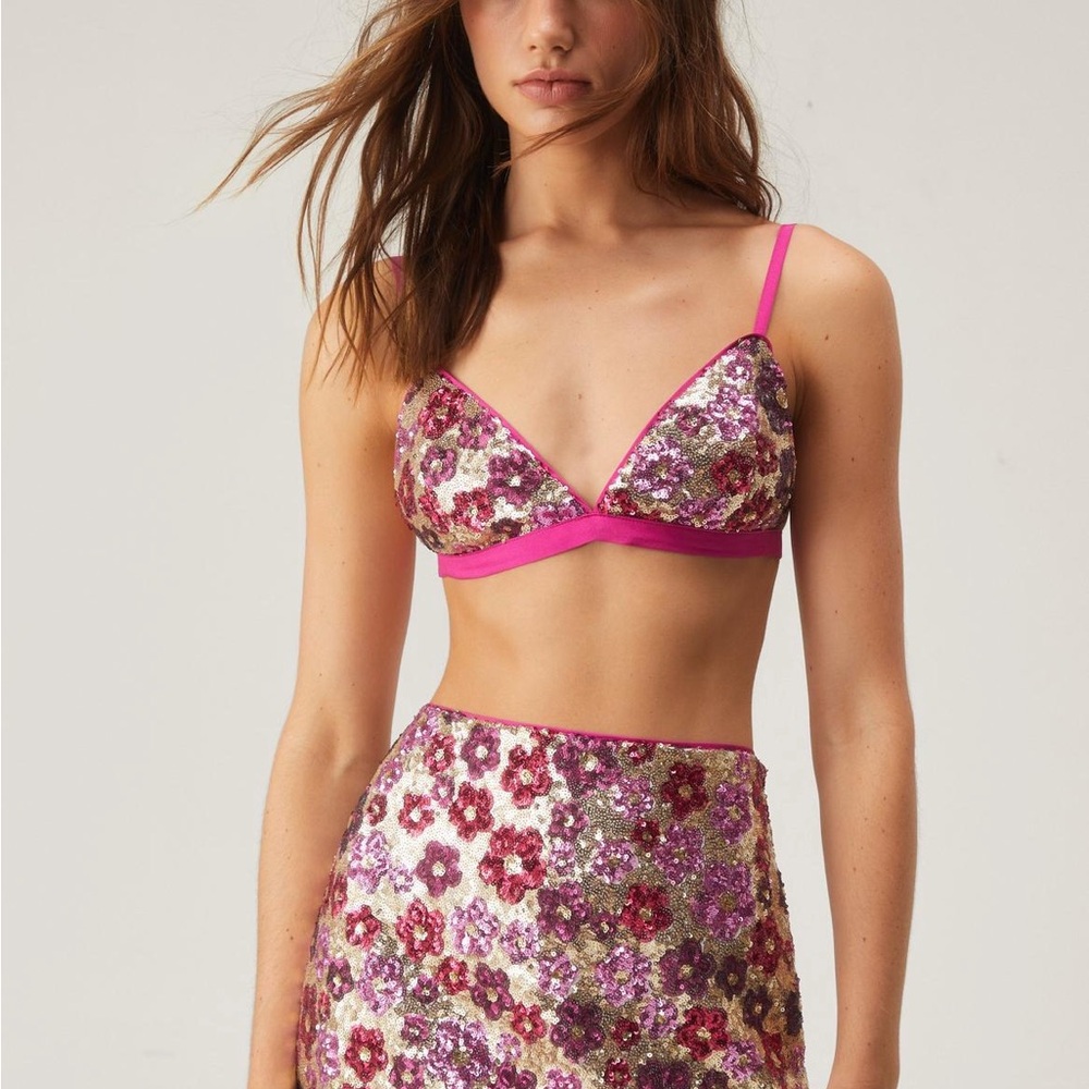Nasty Gal Pink and Purple Floral Bralette & mini skirt